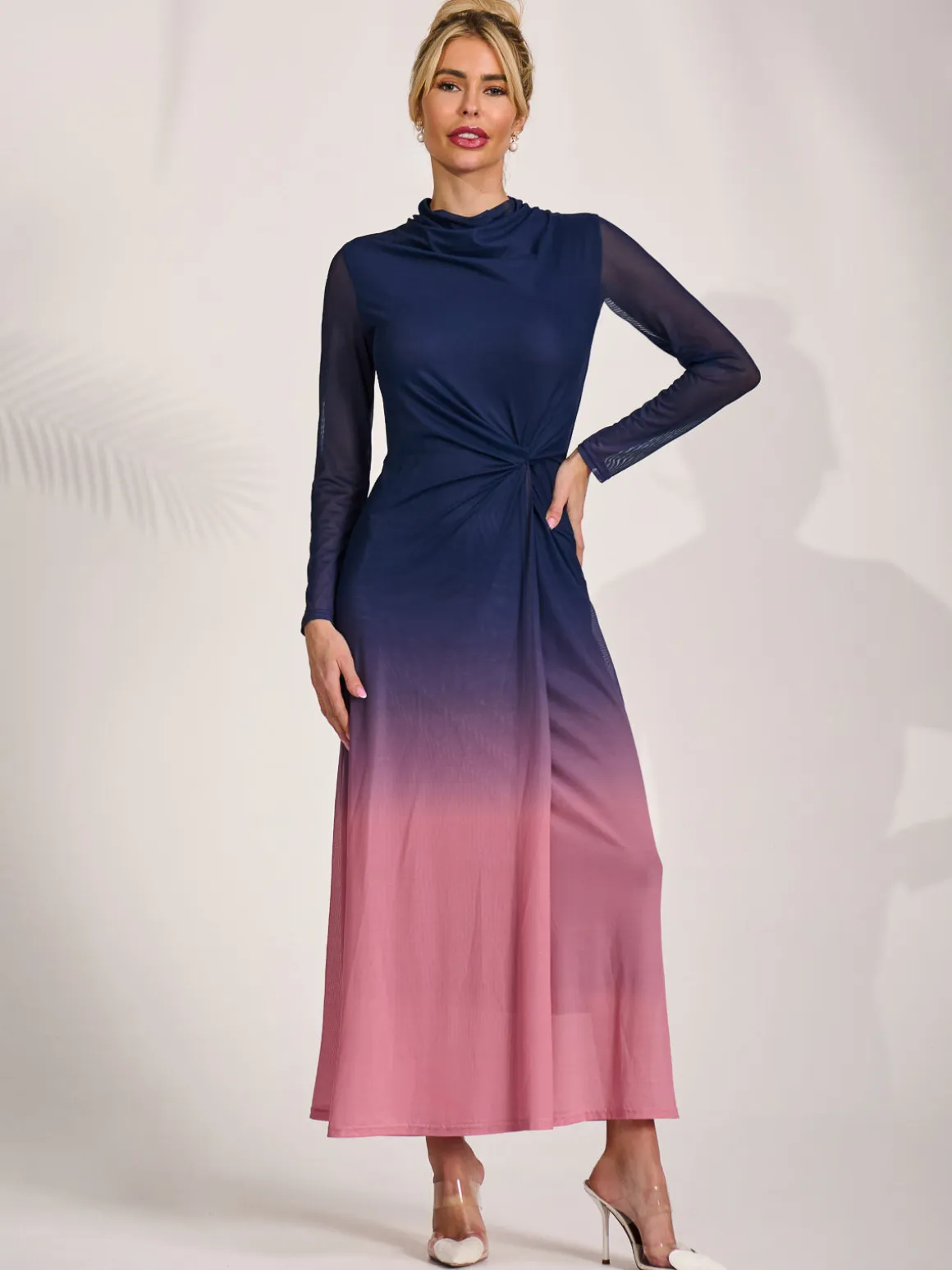 Petite Long Sleeve Mesh Maxi Dress, Pink Multi