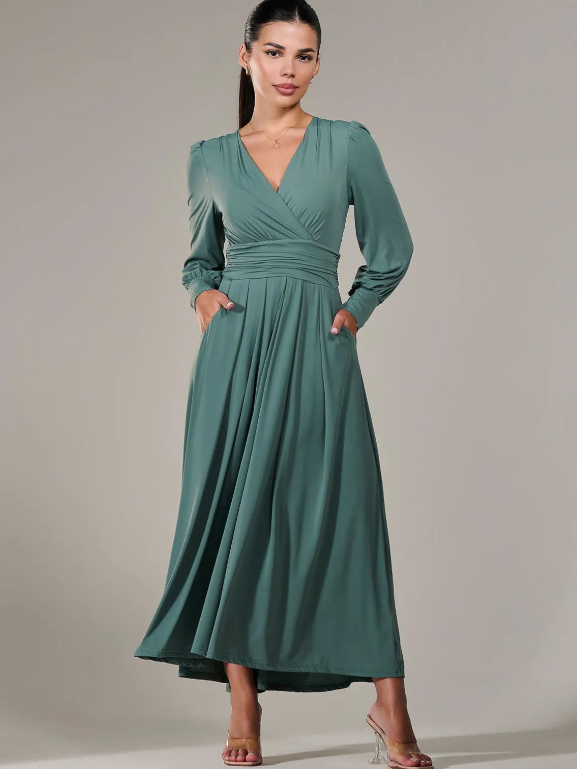Petite Long Sleeve Soft Silky Jersey Maxi Dress, Green
