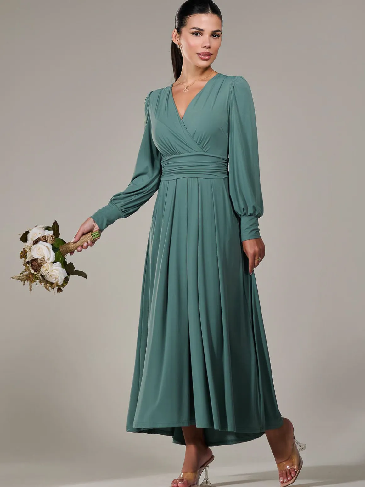 Petite Long Sleeve Soft Silky Jersey Maxi Dress, Green
