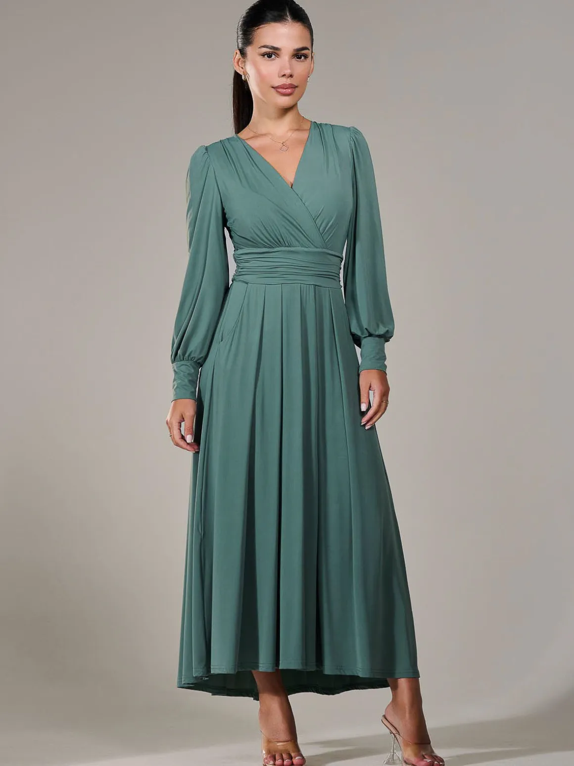 Petite Long Sleeve Soft Silky Jersey Maxi Dress, Green