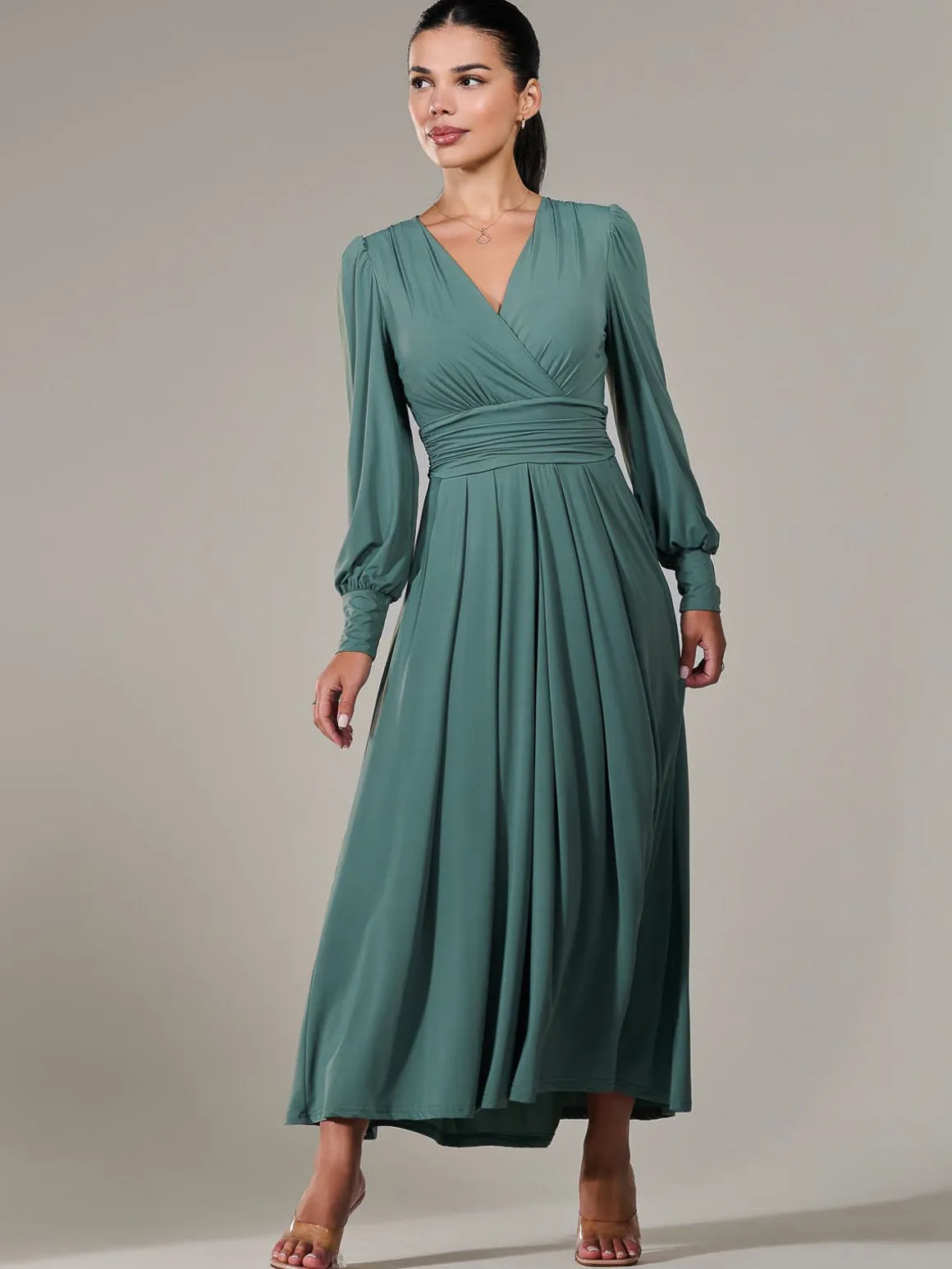 Petite Long Sleeve Soft Silky Jersey Maxi Dress, Green