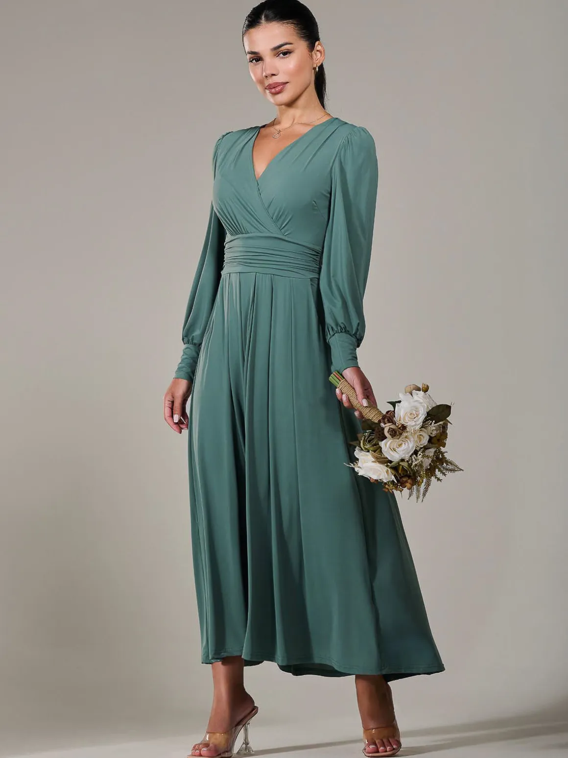 Petite Long Sleeve Soft Silky Jersey Maxi Dress, Green