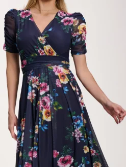 Petite Mesh Print Dip Hem Maxi Dress, Navy Floral