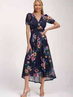 Petite Mesh Print Dip Hem Maxi Dress, Navy Floral