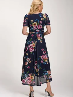 Petite Mesh Print Dip Hem Maxi Dress, Navy Floral