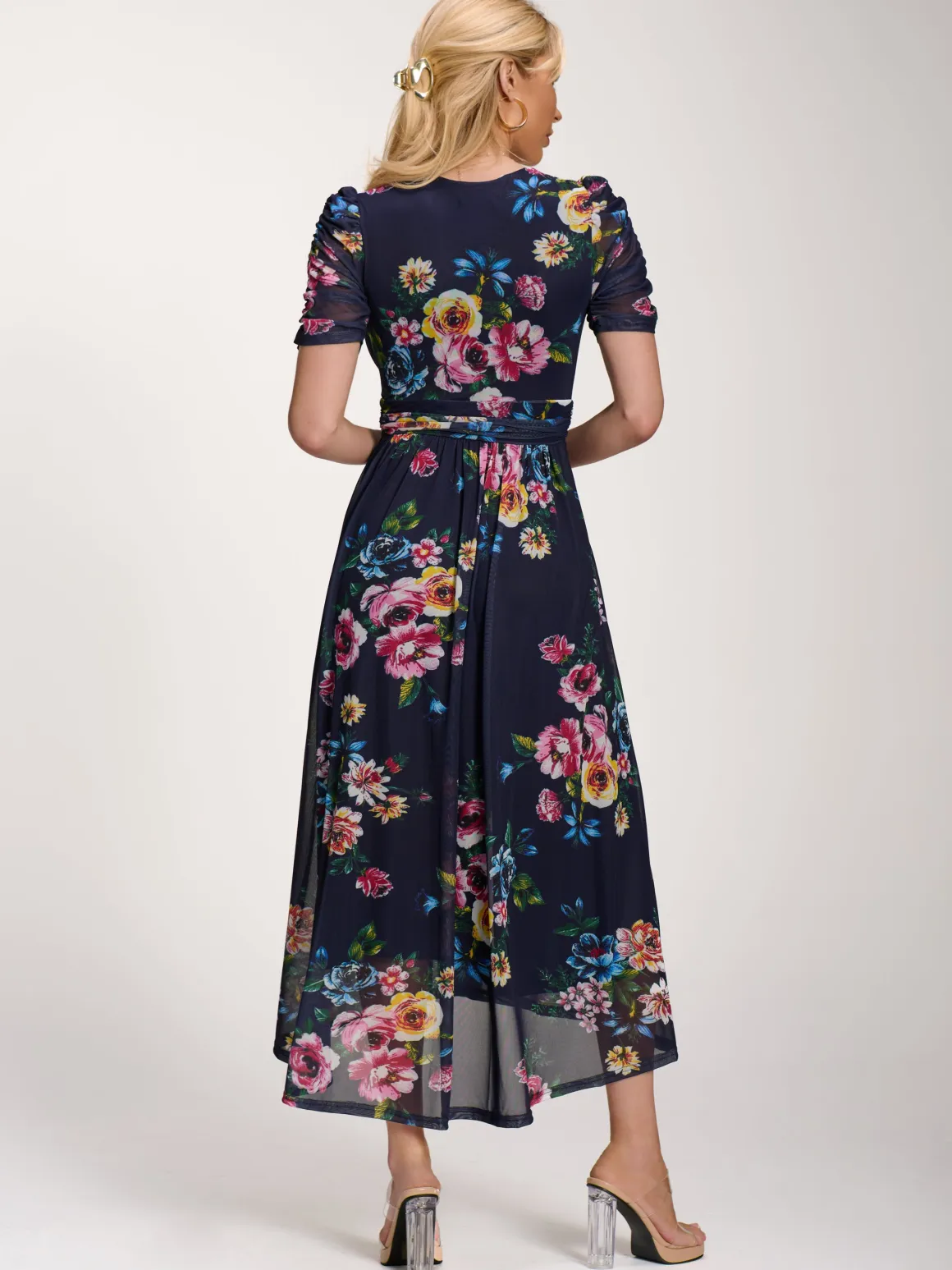 Petite Mesh Print Dip Hem Maxi Dress, Navy Floral
