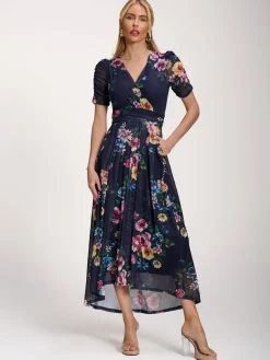 Petite Mesh Print Dip Hem Maxi Dress, Navy Floral