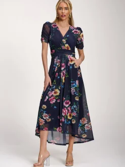 Petite Mesh Print Dip Hem Maxi Dress, Navy Floral