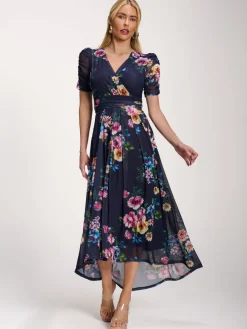 Petite Mesh Print Dip Hem Maxi Dress, Navy Floral