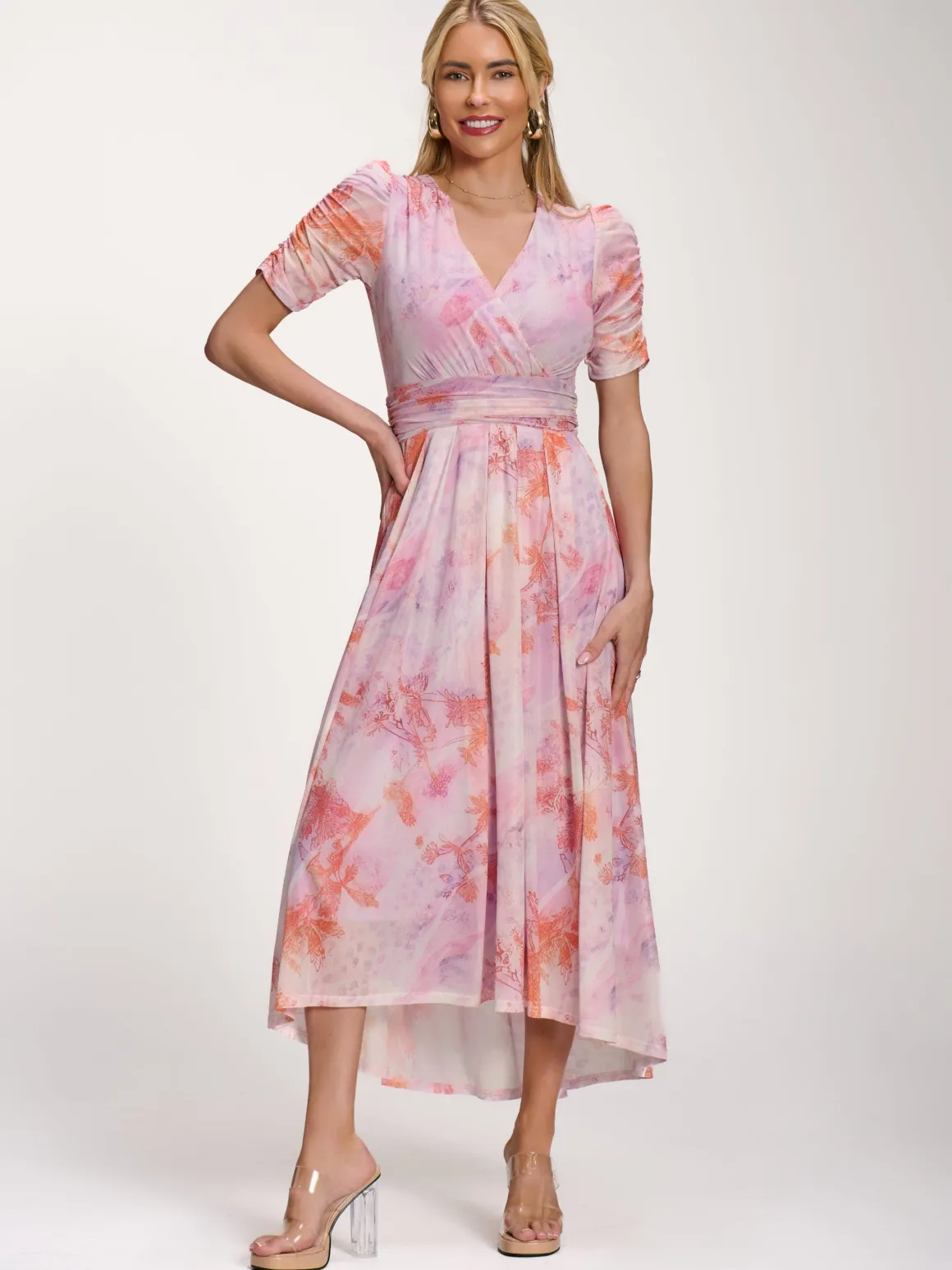 Petite Mesh Print Dip Hem Maxi Dress, Purple Multi