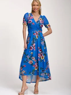 Petite Mesh Print Dip Hem Maxi Dress, Royal Blue Floral