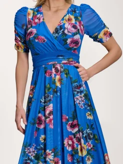 Petite Mesh Print Dip Hem Maxi Dress, Royal Blue Floral