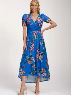 Petite Mesh Print Dip Hem Maxi Dress, Royal Blue Floral