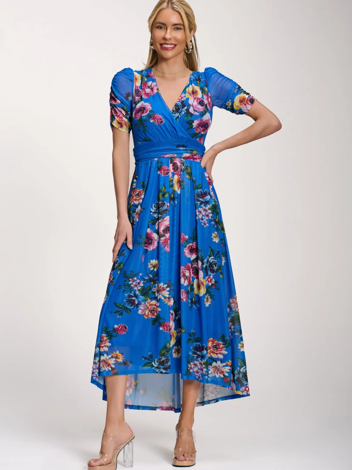 Petite Mesh Print Dip Hem Maxi Dress, Royal Blue Floral