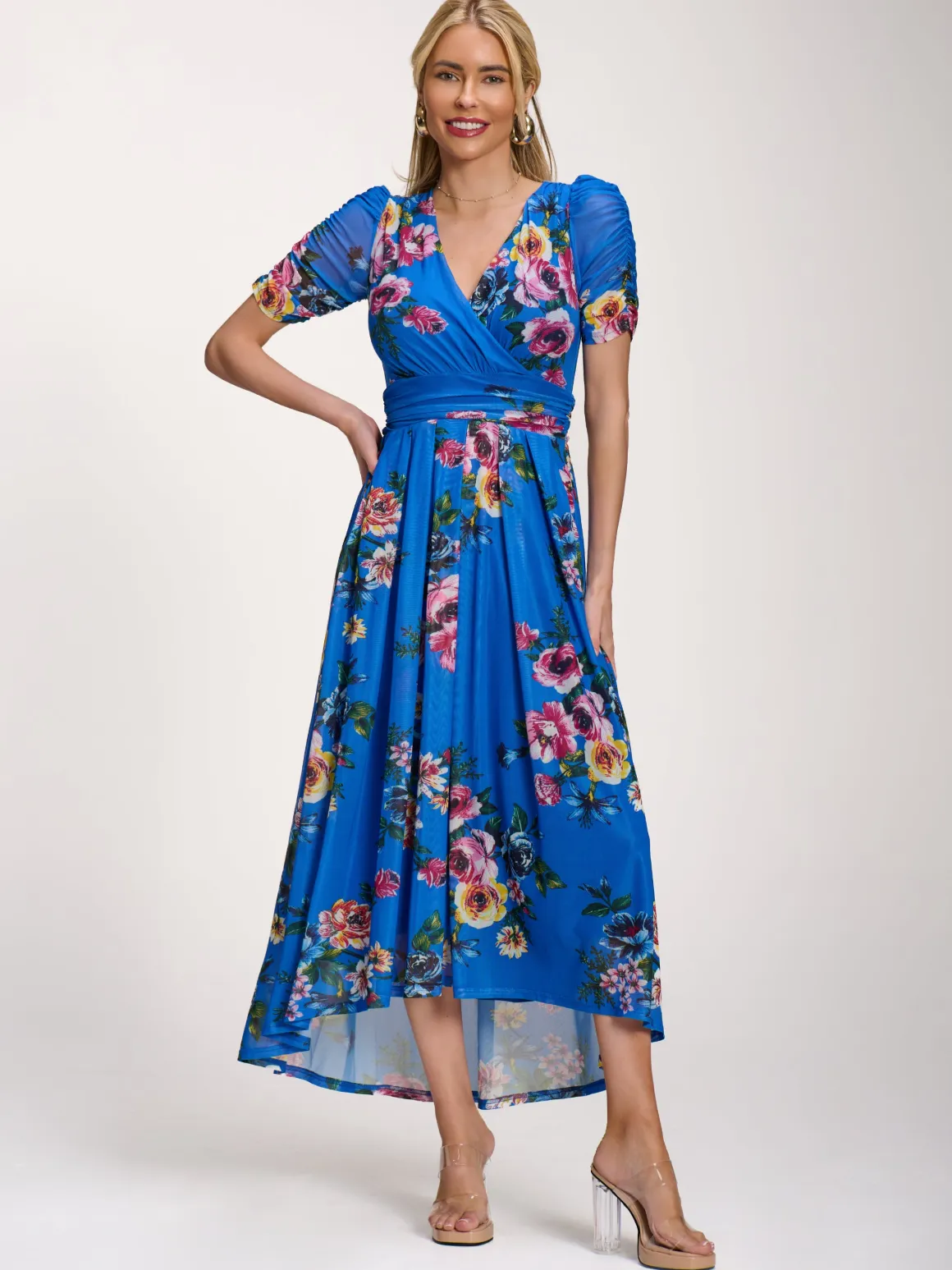 Petite Mesh Print Dip Hem Maxi Dress, Royal Blue Floral