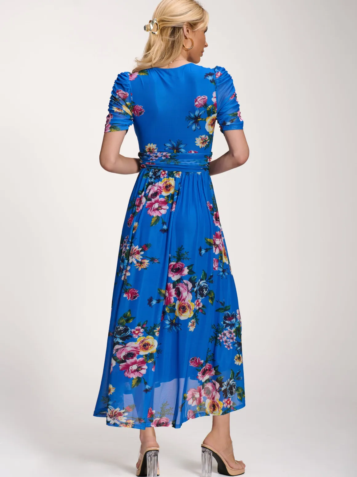 Petite Mesh Print Dip Hem Maxi Dress, Royal Blue Floral