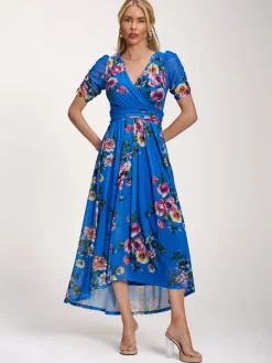 Petite Mesh Print Dip Hem Maxi Dress, Royal Blue Floral