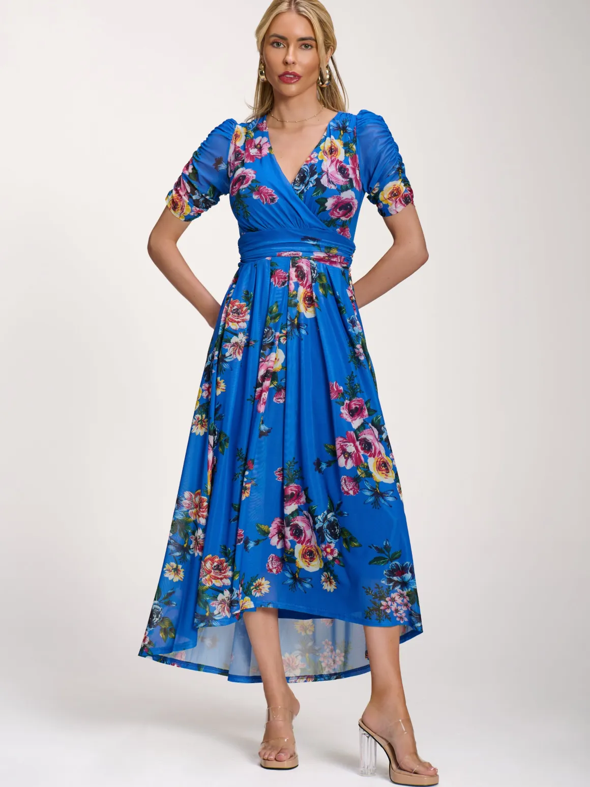 Petite Mesh Print Dip Hem Maxi Dress, Royal Blue Floral