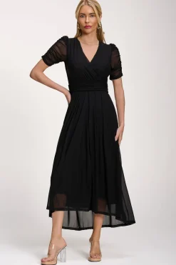 Petite Mesh Ruched Sleeve Maxi Dress, Black