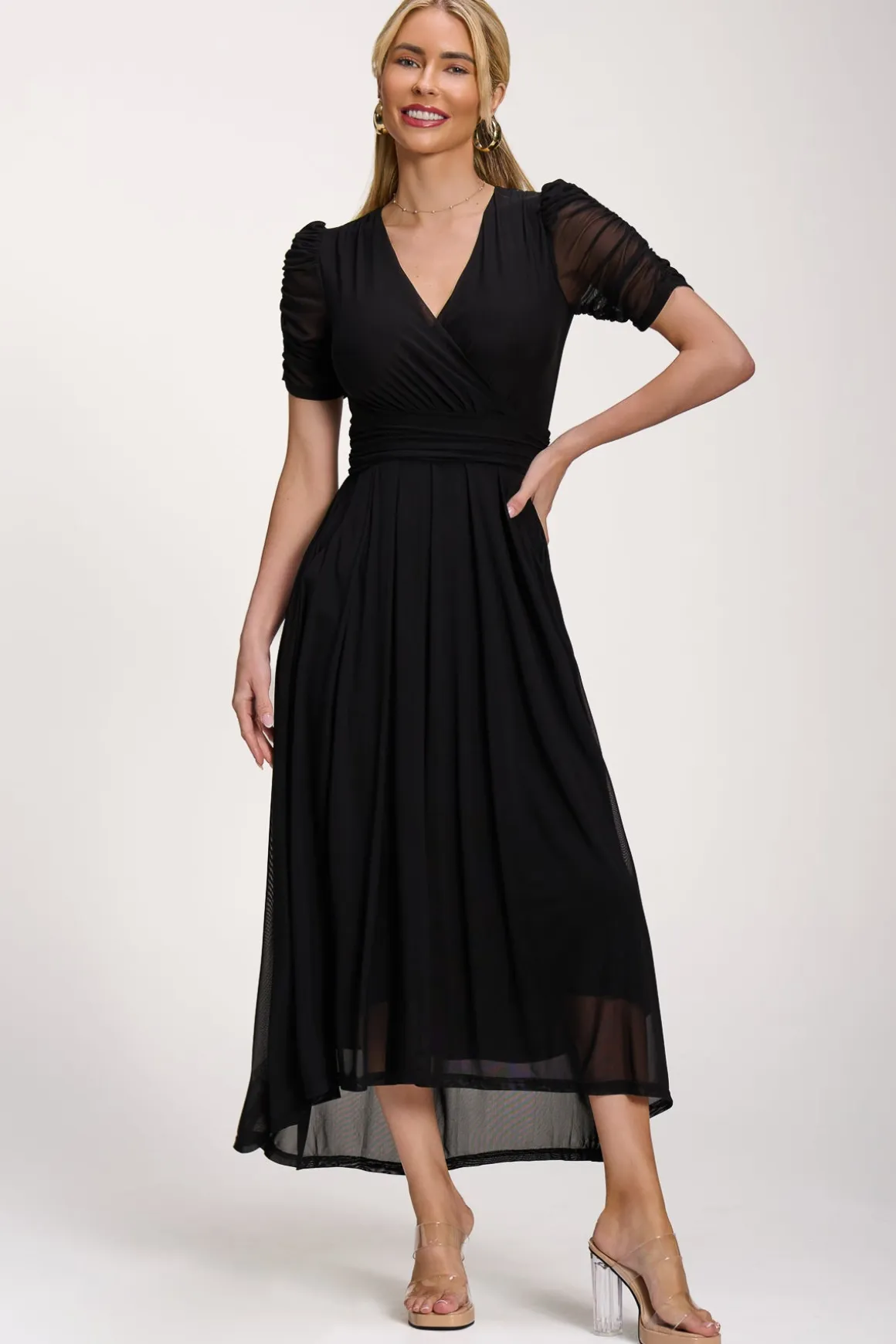 Petite Mesh Ruched Sleeve Maxi Dress, Black