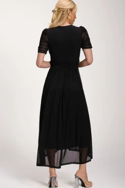 Petite Mesh Ruched Sleeve Maxi Dress, Black
