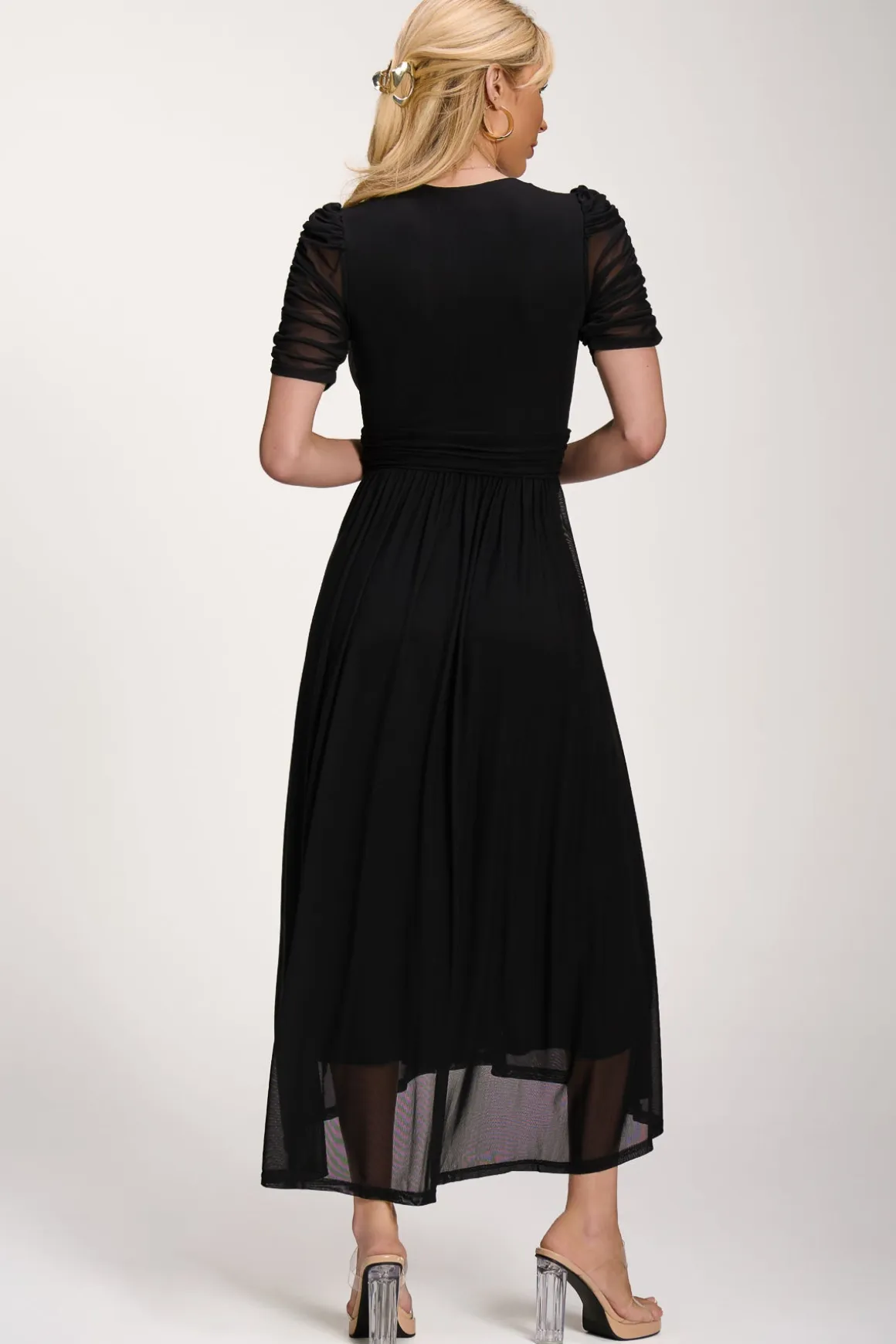 Petite Mesh Ruched Sleeve Maxi Dress, Black
