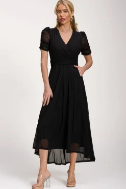 Petite Mesh Ruched Sleeve Maxi Dress, Black