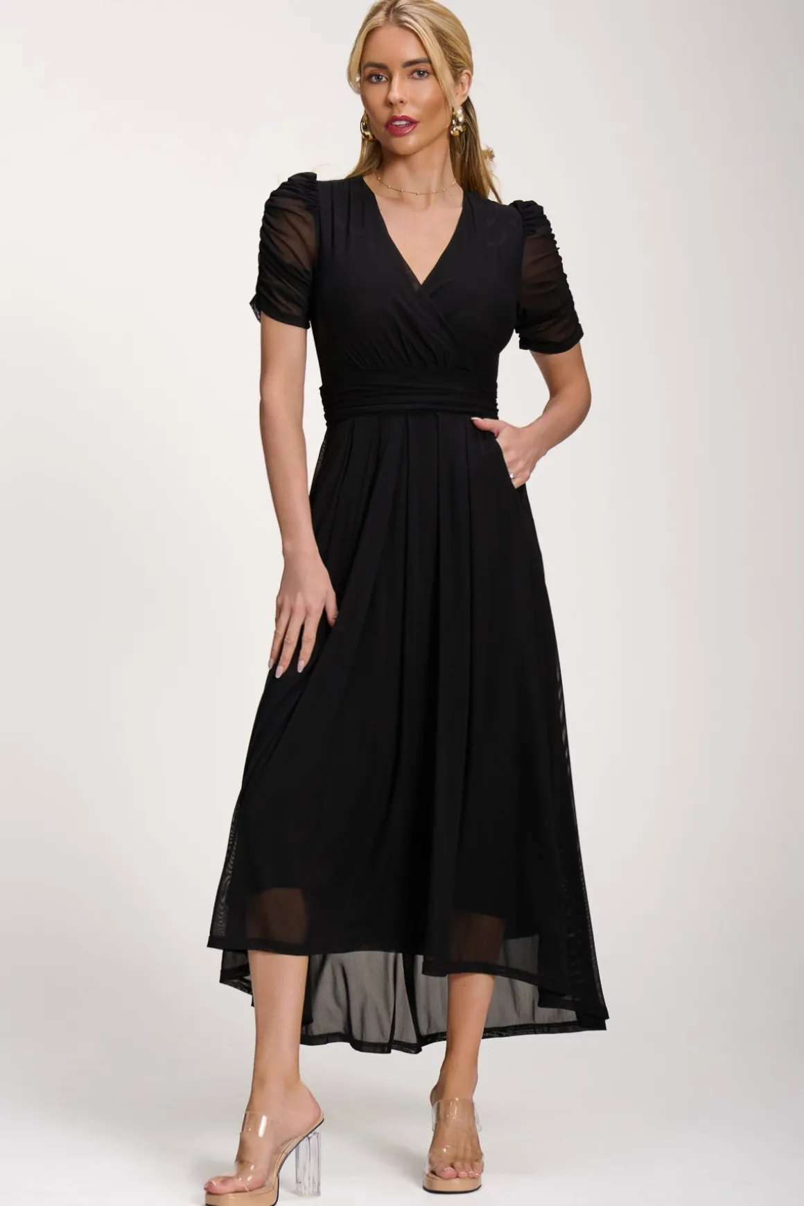 Petite Mesh Ruched Sleeve Maxi Dress, Black