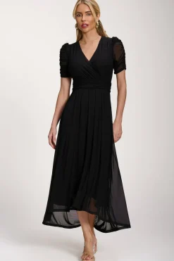 Petite Mesh Ruched Sleeve Maxi Dress, Black