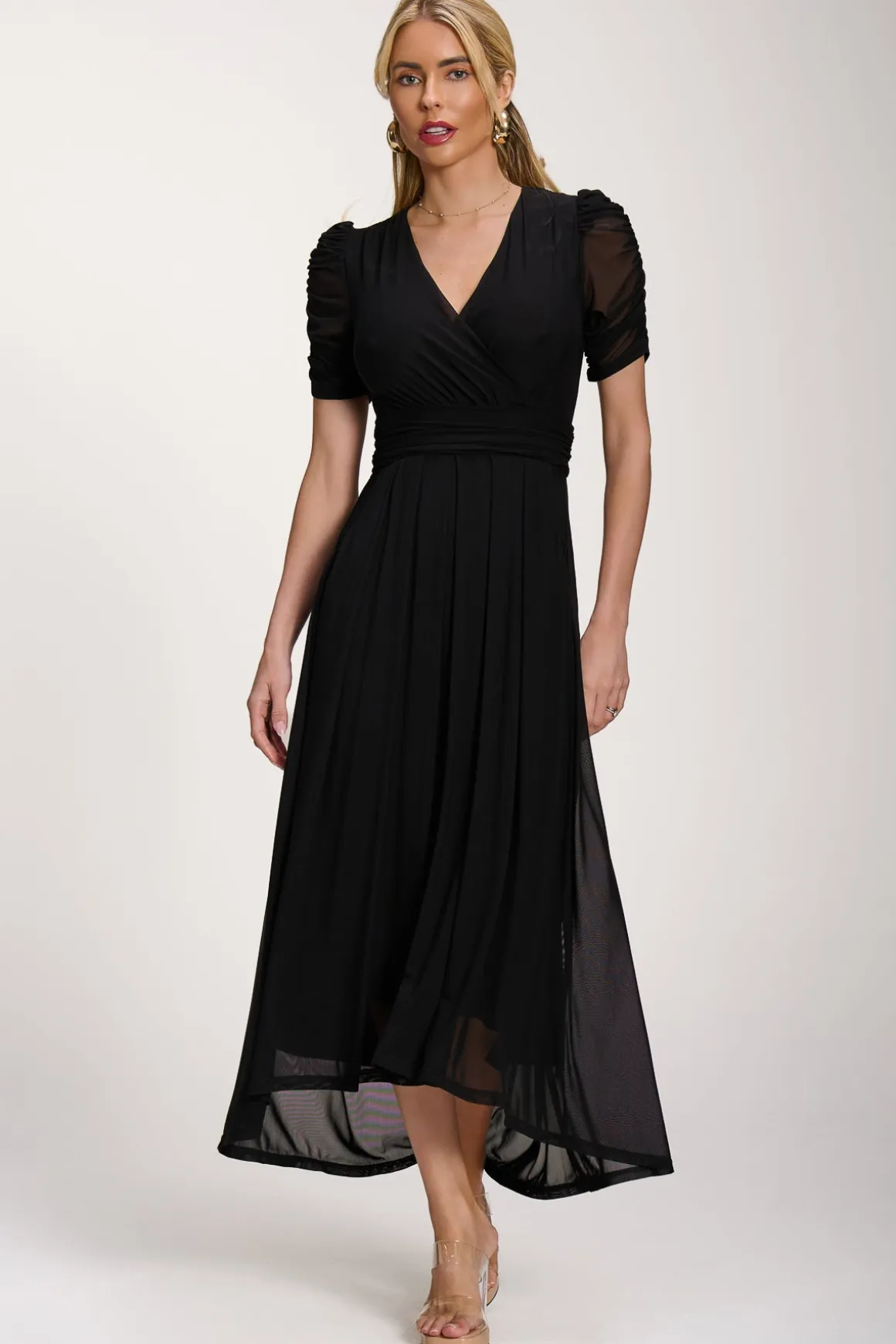 Petite Mesh Ruched Sleeve Maxi Dress, Black
