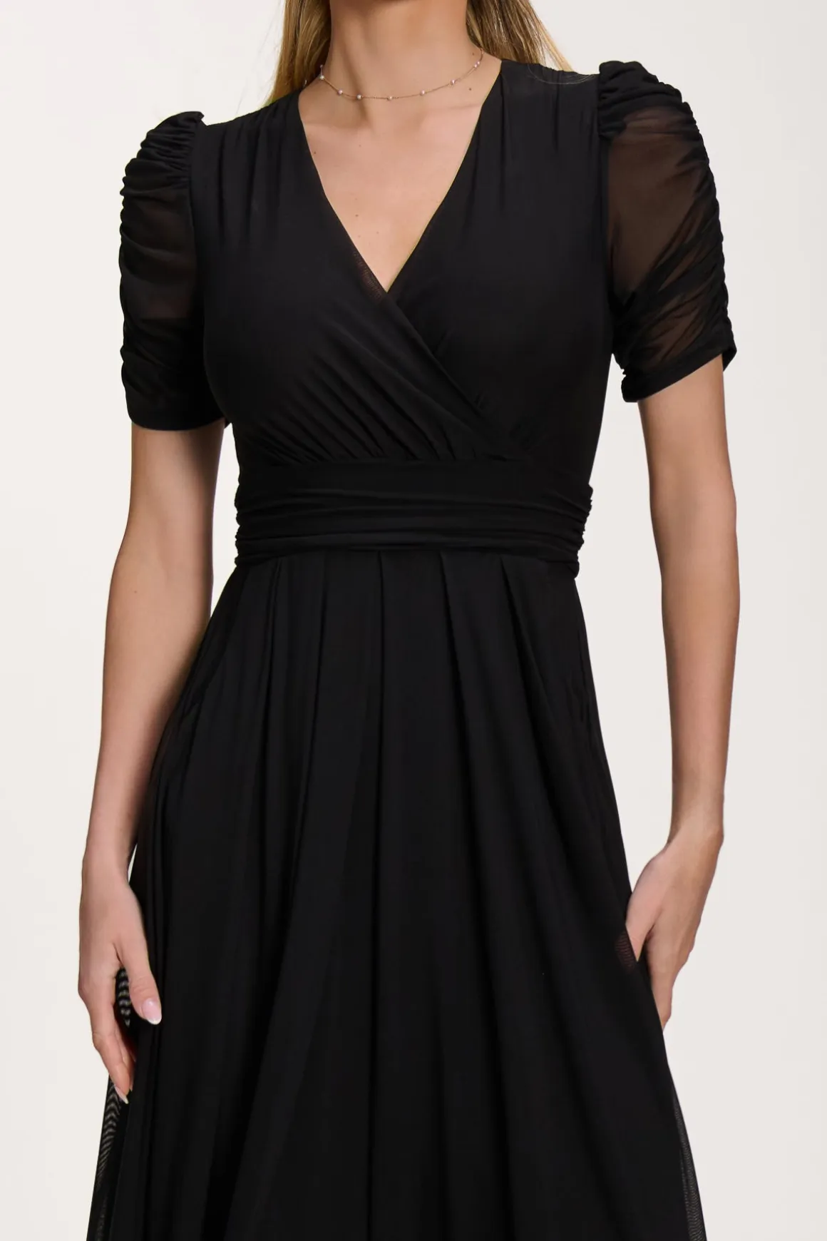 Petite Mesh Ruched Sleeve Maxi Dress, Black