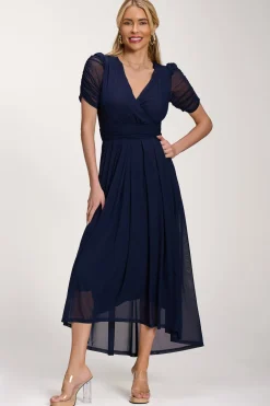 Petite Mesh Ruched Sleeve Maxi Dress, Navy