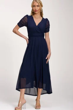 Petite Mesh Ruched Sleeve Maxi Dress, Navy