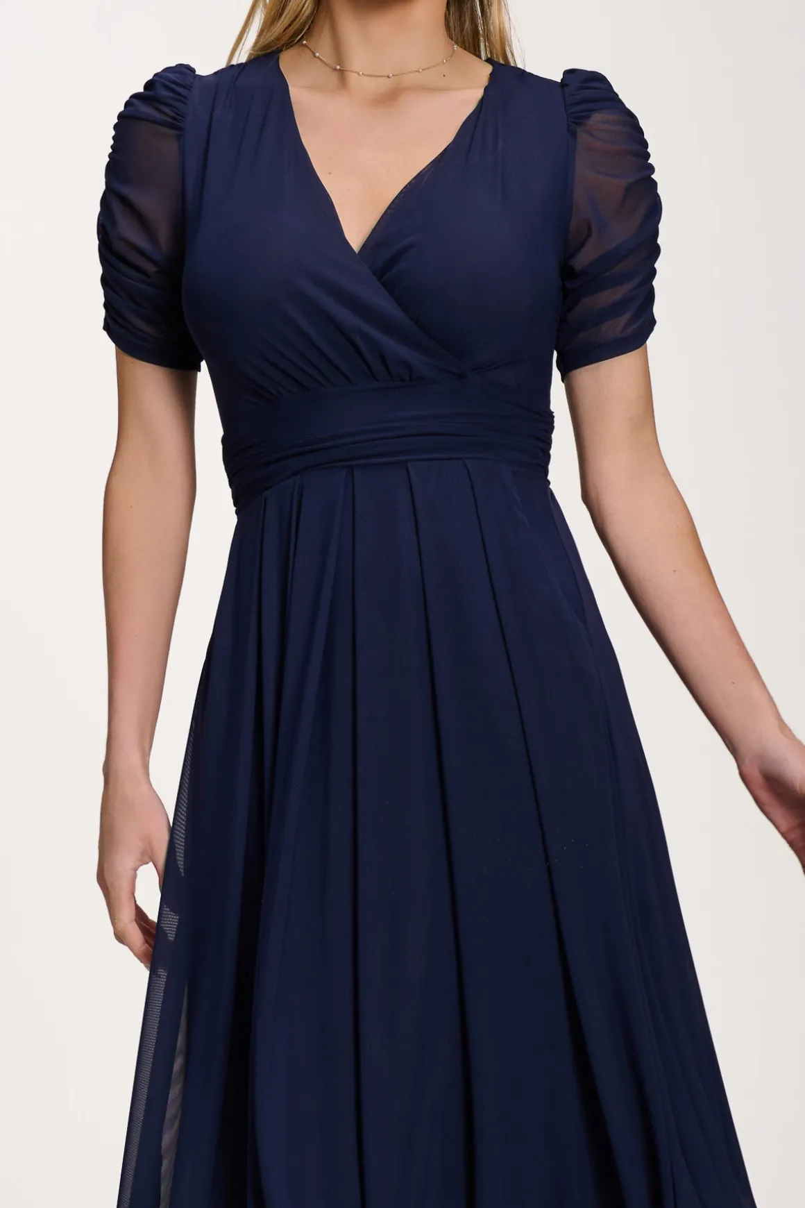 Petite Mesh Ruched Sleeve Maxi Dress, Navy