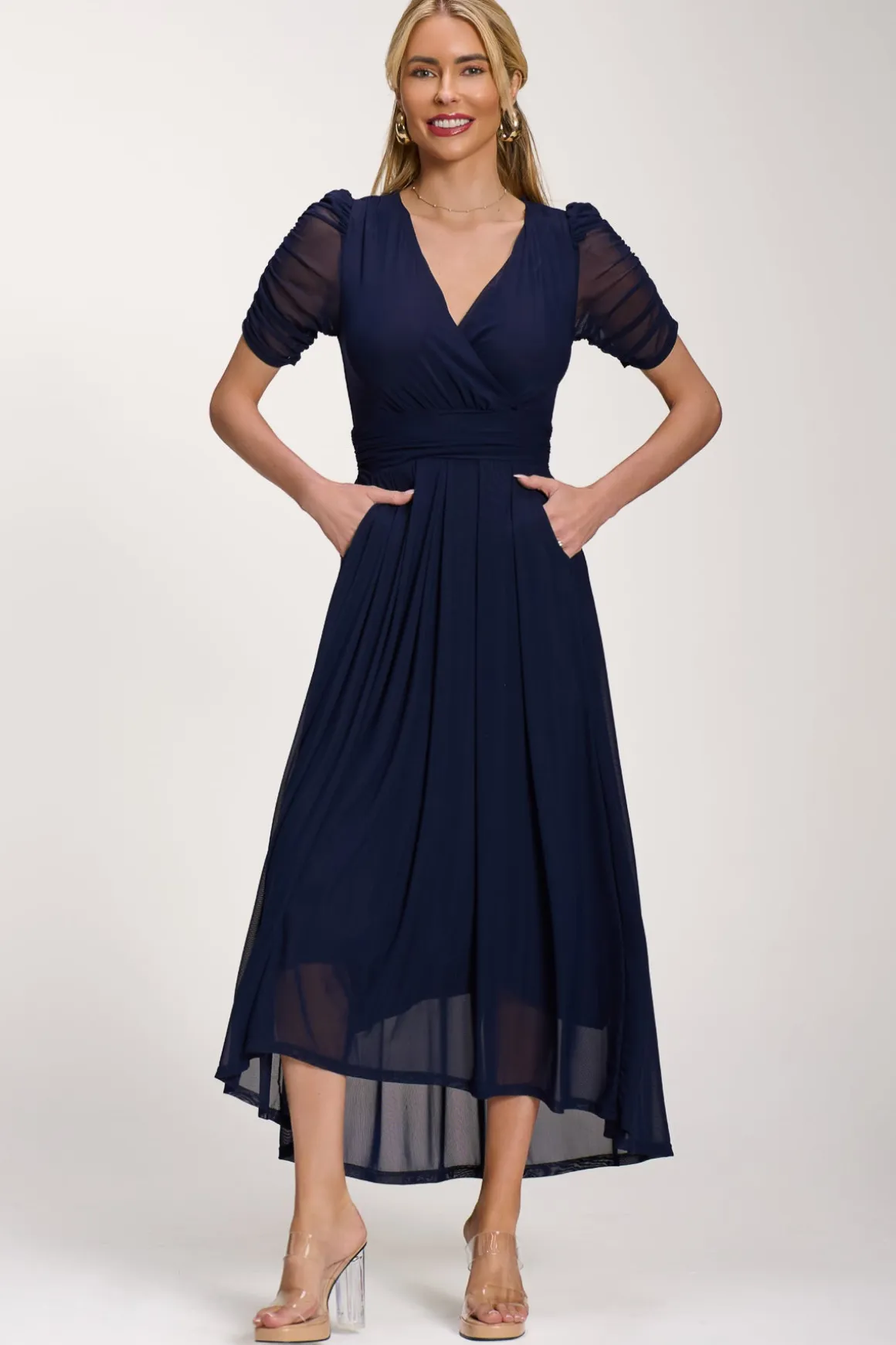 Petite Mesh Ruched Sleeve Maxi Dress, Navy
