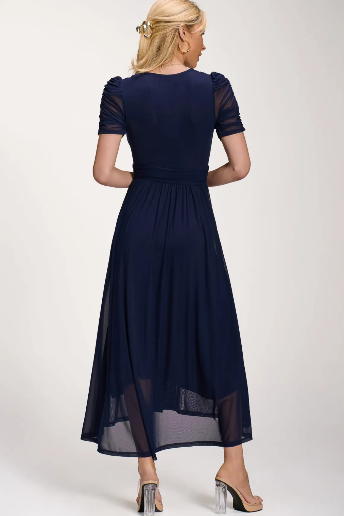 Petite Mesh Ruched Sleeve Maxi Dress, Navy