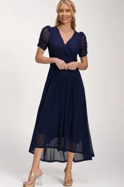 Petite Mesh Ruched Sleeve Maxi Dress, Navy