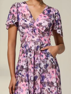 Petite Mesh Short Sleeve Wrap Midaxi Dress, Pink Abstract