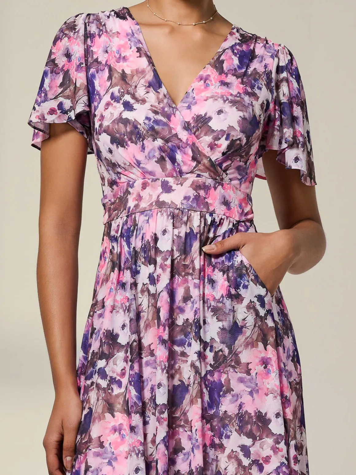 Petite Mesh Short Sleeve Wrap Midaxi Dress, Pink Abstract