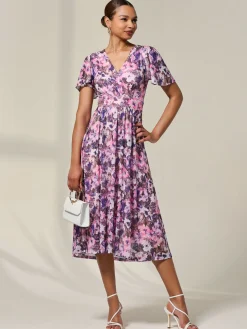 Petite Mesh Short Sleeve Wrap Midaxi Dress, Pink Abstract