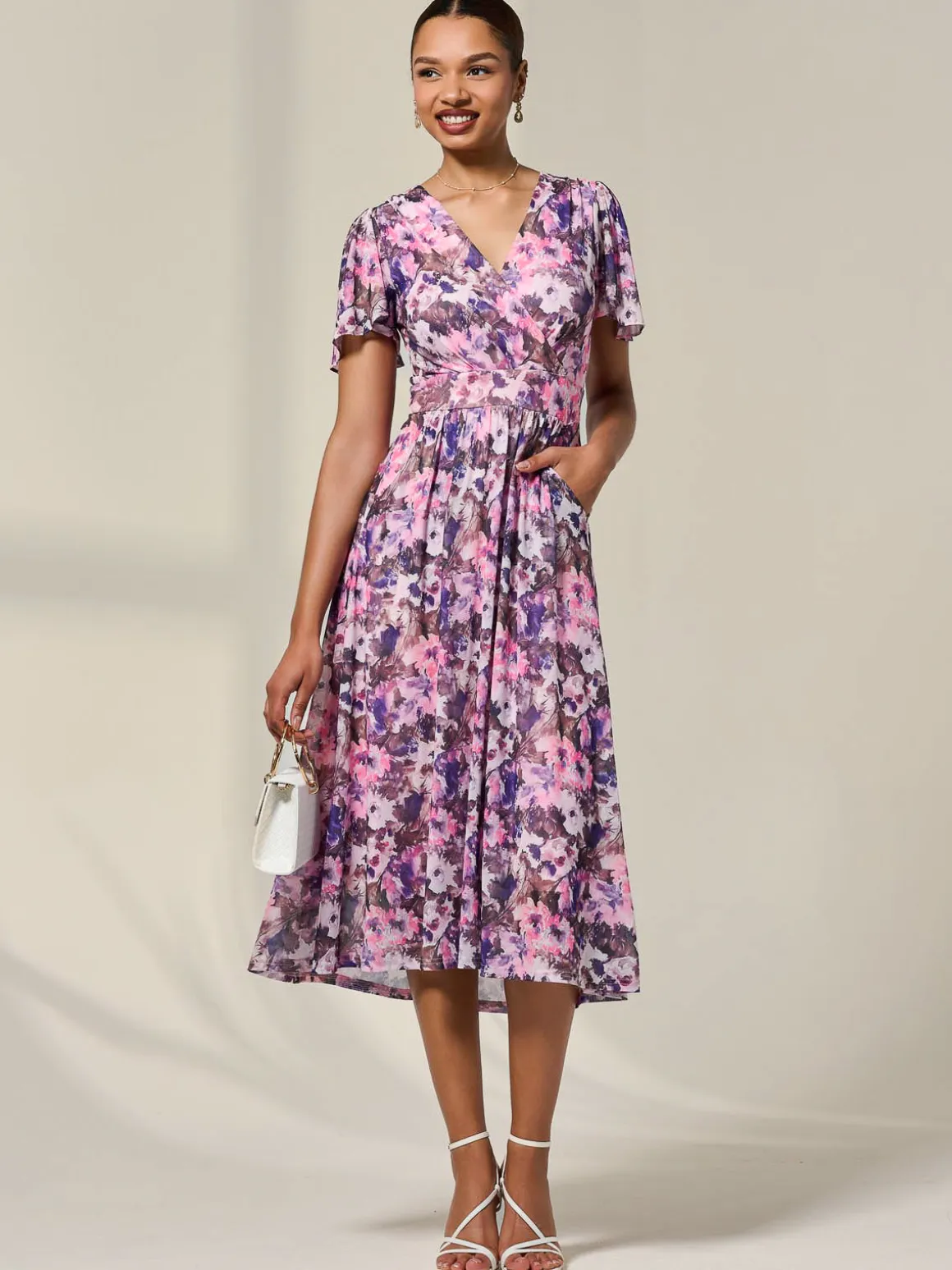 Petite Mesh Short Sleeve Wrap Midaxi Dress, Pink Abstract
