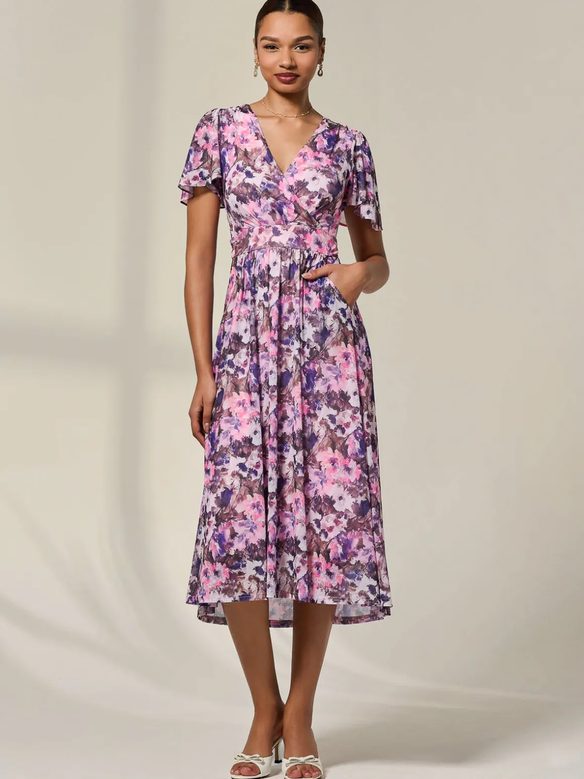Petite Mesh Short Sleeve Wrap Midaxi Dress, Pink Abstract