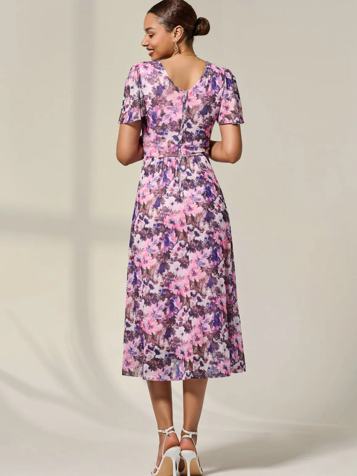 Petite Mesh Short Sleeve Wrap Midaxi Dress, Pink Abstract