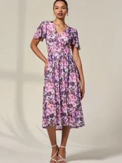 Petite Mesh Short Sleeve Wrap Midaxi Dress, Pink Abstract