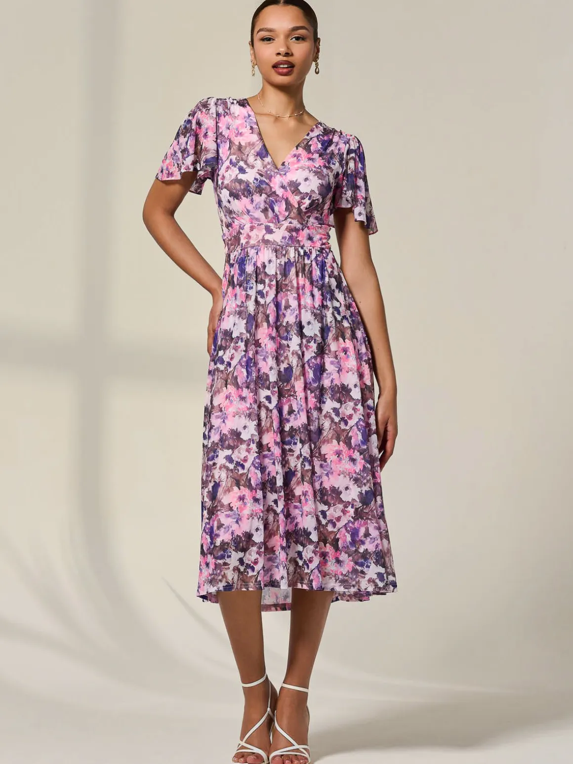 Petite Mesh Short Sleeve Wrap Midaxi Dress, Pink Abstract
