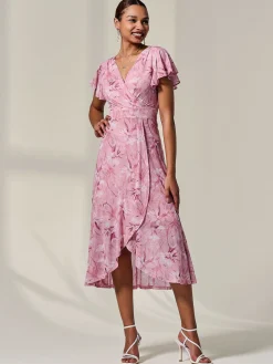 Petite Mesh Short Sleeve Wrap Midaxi Dress, Pink Floral
