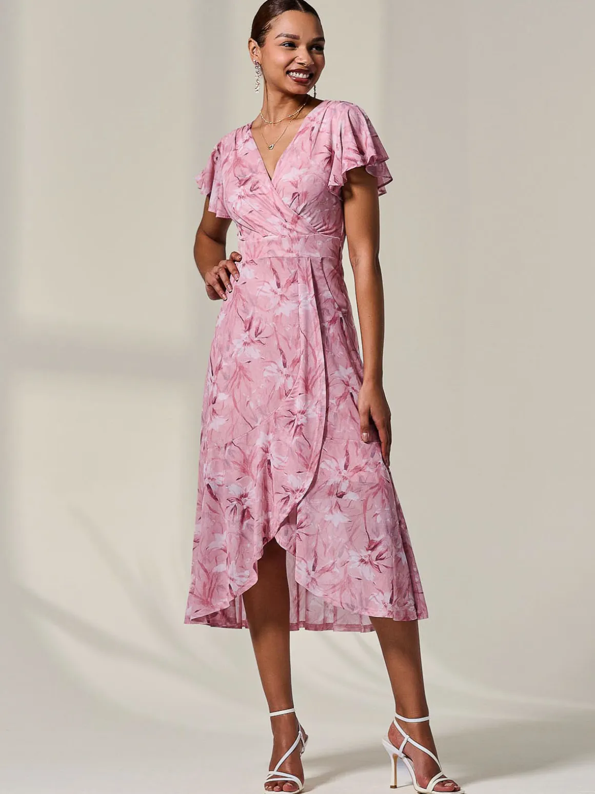 Petite Mesh Short Sleeve Wrap Midaxi Dress, Pink Floral