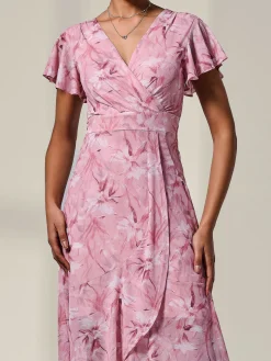 Petite Mesh Short Sleeve Wrap Midaxi Dress, Pink Floral