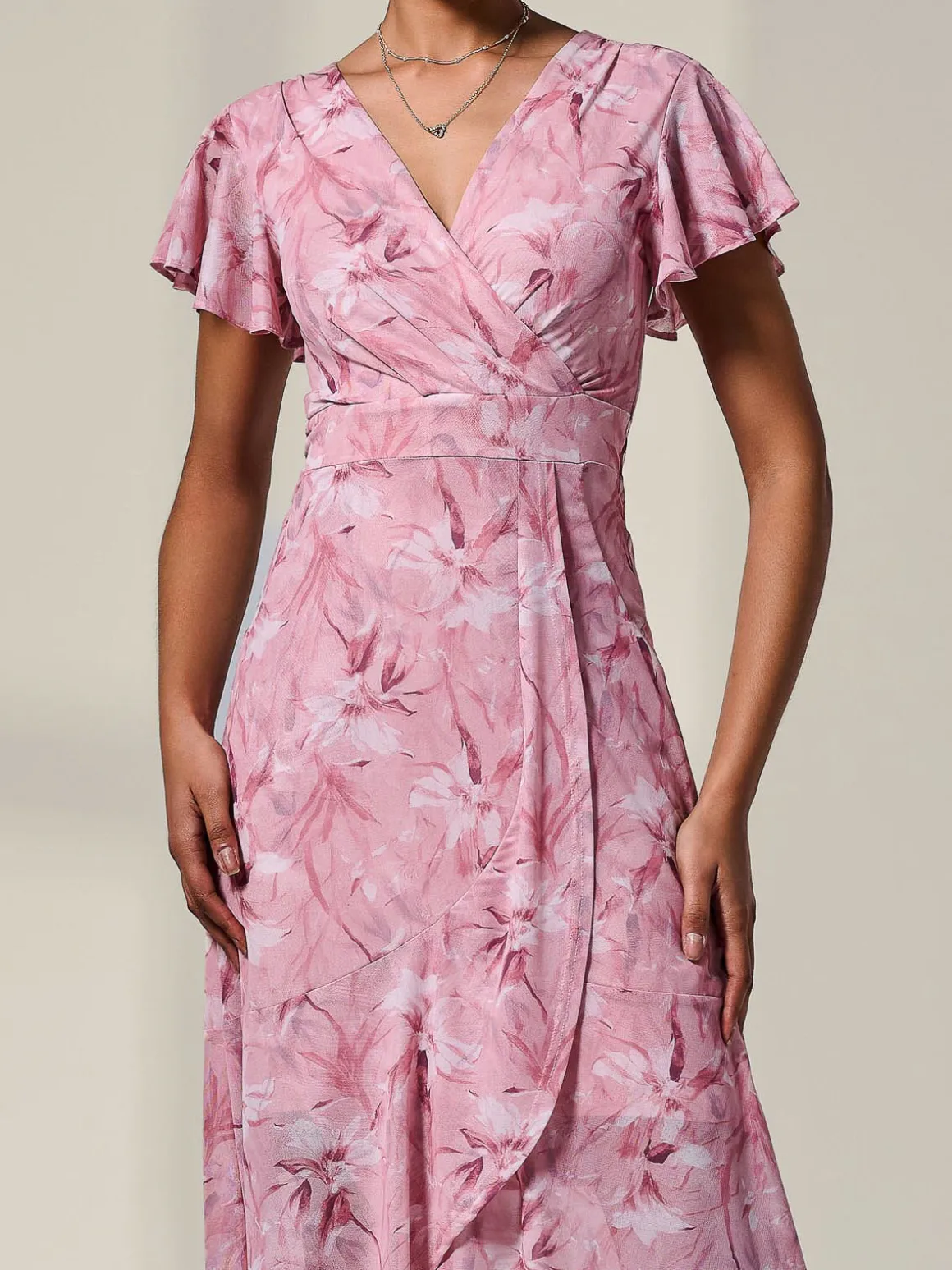 Petite Mesh Short Sleeve Wrap Midaxi Dress, Pink Floral
