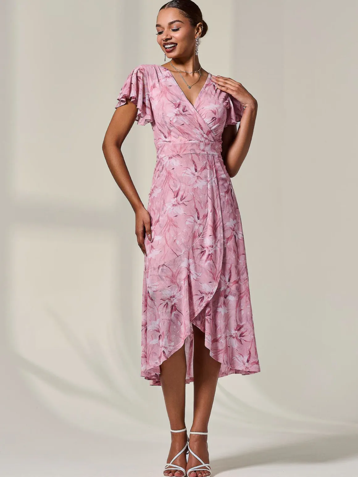 Petite Mesh Short Sleeve Wrap Midaxi Dress, Pink Floral